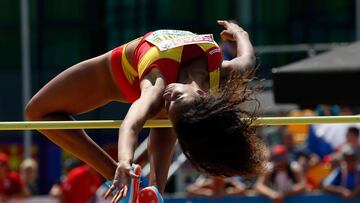 GYOR, HUNGARY - JULY 05: Maria Vicente of Spain  jumps at the high jump of the heptathlon competition during European Athletics U18 European Championship on July 5, 2018 in Gyor, Hungary.  (Photo by Laszlo Balogh/Getty Images for European Athletics)