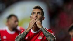 Benfica's Spanish defender Alex Grimaldo celebrates after scoring his team's second goal during the UEFA Champions League Group H first-leg football match between SL Benfica and Maccabi Haifa at the Luz stadium in Lisbon on September 6, 2022. (Photo by CARLOS COSTA / AFP) (Photo by CARLOS COSTA/AFP via Getty Images)