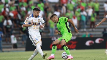 (L-R), Fernando Gorriaran of Tigres and Aitor Garcia of Juarez during the game FC Juarez vs Tigres UANL, corresponding to Round 02 of the Torneo Apertura 2023 of the Liga BBVA MX, at Olimpico Benito Juarez Stadium, on July 08, 2023.
<br><br>
(I-D), Fernando Gorriaran de Tigres y Aitor Garcia de Juarez durante el partido FC Juarez vs Tigres UANL, correspondiente a la Jornada 02 del Torneo Apertura 2023 de la Liga BBVA MX, en el Estadio Olimpico Benito Juarez, el 08 de Julio de 2023.