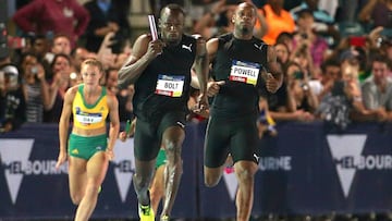 Jamaica's Olympic champion Usain Bolt runs in front of compatriot Asafa Powell during the Nitro Athletics series at the Lakeside Stadium in Melbourne, Australia February 4, 2017. REUTERS/Hamish Blair