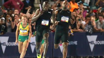 Jamaica&#039;s Olympic champion Usain Bolt runs in front of compatriot Asafa Powell during the Nitro Athletics series at the Lakeside Stadium in Melbourne, Australia February 4, 2017.     REUTERS/Hamish Blair