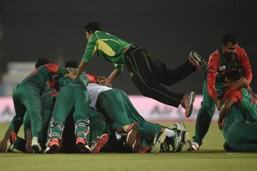 Bangladesh celebrate after winning their Asia Cup T20 clash with Pakistan at the Sher-e-Bangla National Cricket Stadium in Dhaka.