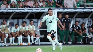 Jun 29, 2023; Glendale, Arizona, USA; Mexico forward Uriel Antuna (15) dribbles the ball against Haiti during the second half of a Gold Cup game at State Farm Stadium. Mandatory Credit: Joe Camporeale-USA TODAY Sports