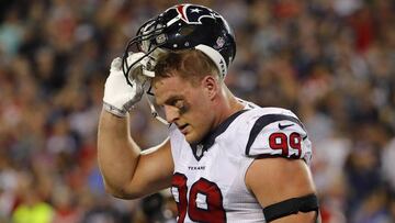 Sep 22, 2016; Foxborough, MA, USA; Houston Texans defensive end J.J. Watt (99) heads for the bench after a New England Patriots touchdown during the second half at Gillette Stadium. Mandatory Credit: Winslow Townson-USA TODAY Sports