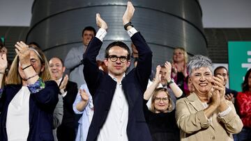 Left-wing separatist EH Bildu party candidate for Basque premier Pello Otxandiano reacts following Basque Country regional elections, in Bilbao, Spain, April 21, 2024. EH Bildu won 27 seats of the 75 seat parliament. REUTERS/Vincent West