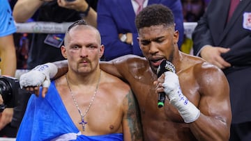 Britain's Anthony Joshua (R) congratulates Ukraine's Oleksandr Usyk (L) after the heavyweight boxing rematch for the WBA, WBO, IBO and IBF titles at the King Abdullah Sports City Arena in the Saudi Red Sea city of Jeddah, on August 20, 2022. -