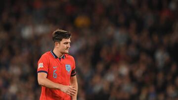 LONDON, ENGLAND - SEPTEMBER 26: Harry Maguire of England looks dejected during the UEFA Nations League League A Group 3 match between England and Germany at Wembley Stadium on September 26, 2022 in London, England. (Photo by Harriet Lander/Copa/Getty Images)