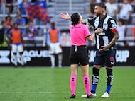 Referee Katia Itzel Garcia and Sergio Ramos of Monterrey during the match between Monterrey and FC Cincinnati as part of Phase One of the Leagues Cup 2025 at TQL Stadium on July 31, 2024 in Cincinnati, Ohio, United States.