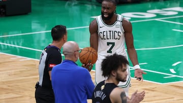 Brown #7 of the Boston Celtics argues a call with referee Zach Zarba #15 during the third quarter against the Dallas Mavericks in Game One of the 2024 NBA Finals at TD Garden on June 06, 2024 in Boston, Massachusetts.