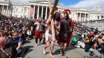 Members of the Wintershall Players theatre company perform The Passion of Jesus,  the agony , death and resurrection of Christ, on Good Friday in the Christian calendar, at Trafalgar Square in London, Britain, March 29, 2024. REUTERS/Toby Melville