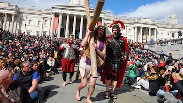 Members of the Wintershall Players theatre company perform The Passion of Jesus,  the agony , death and resurrection of Christ, on Good Friday in the Christian calendar, at Trafalgar Square in London, Britain, March 29, 2024. REUTERS/Toby Melville