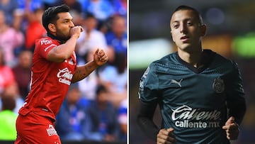 Eduardo Aguirre (izq) festeja un gol con Atlas; Roberto Alvarado (der) en un partido de Chivas.