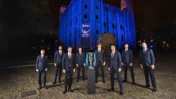 LONDON, ENGLAND - NOVEMBER 09: The WorldÕs top eight players attend the 2017 Nitto ATP Finals Official Launch, presented by Moet & Chandon, at the Tower of London. (L-R) David Goffin of Belgium, Marin Cilic of Croatia, Roger Federer of Switzerland, Dominic Thiem of Austria, Alexander Zverev of Germany, Rafael Nadal of Spain, Grigor Dimitrov of Bulgaria and Jack Sock of USA pose for a group photo during the The Official Launch ATP Finals at Tower of London on November 9, 2017 in London, England. (Photo by Julian Finney/Getty Images)