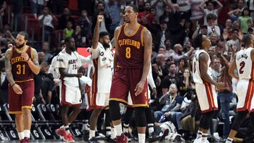 Apr 10, 2017; Miami, FL, USA; Cleveland Cavaliers forward Channing Frye (8) react after Miami Heat players celebrate their 124-121 overtime win at American Airlines Arena. The Heat won 124-121 in overtime. Mandatory Credit: Steve Mitchell-USA TODAY Sports