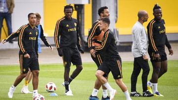 Belgium's Youri Tielemans, Belgium's Dedryck Boyata, Belgium's Thorgan Hazard, Belgium's Mousa Dembele, Belgium's head coach Roberto Martinez and Belgium's Michy Batshuayi pictured during a training session of Belgian nationa