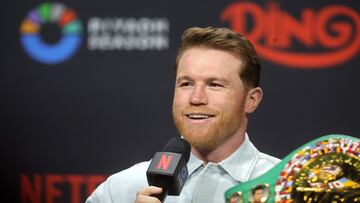LAS VEGAS, NEVADA - JUNE 27: Undisputed super middleweight champion Canelo Alvarez speaks during a news conference at T-Mobile Arena on June 27, 2025 in Las Vegas, Nevada. Alvarez is scheduled to defend his titles against Terence Crawford on�September 13, 2025, at Allegiant Stadium in Las Vegas.   Steve Marcus/Getty Images/AFP (Photo by Steve Marcus / GETTY IMAGES NORTH AMERICA / Getty Images via AFP)