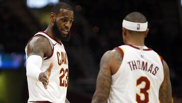 CLEVELAND, OH - JANUARY 18: LeBron James #23 of the Cleveland Cavaliers and Isaiah Thomas #3 of the Cleveland Cavaliers react to a foul against the Orlando Magic at Quicken Loans Arena on January 18, 2018 in Cleveland, Ohio. NOTE TO USER: User expressly acknowledges and agrees that, by downloading and or using this photograph, User is consenting to the terms and conditions of the Getty Images License Agreement.   Justin K. Aller/Getty Images/AFP
 == FOR NEWSPAPERS, INTERNET, TELCOS &amp; TELEVISION USE ONLY ==