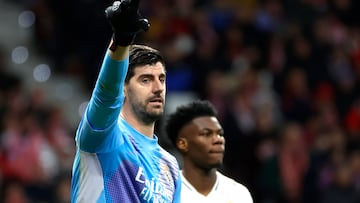 MADRID, 12/03/2025.- El guardameta belga del Real Madrid Thibaut Courtois durante el partido de vuelta de los octavos de final de la Liga de Campeones que Atlético de Madrid y Real Madrid disputan hoy miércoles en el estadio Metropolitano. EFE/Juanjo Martín