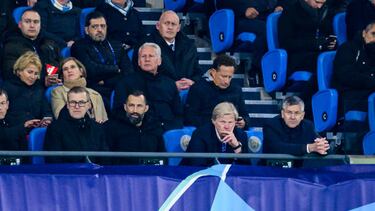 11 April 2023, Great Britain, Manchester: Soccer: Champions League, Manchester City - Bayern Munich, knockout round, quarterfinals, first leg, Etihad Stadium. Munich's Chief Sports Officer Hasan Salihamidzic (2nd from left), Oliver Kahn (2nd from right), CEO of FC Bayern München and Herbert Hainer (r), President of FC Bayern München sit in the stands. Photo: Tom Weller/dpa (Photo by Tom Weller/picture alliance via Getty Images)