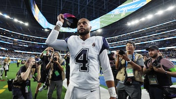 INGLEWOOD, CALIFORNIA - OCTOBER 16: Dak Prescott #4 of the Dallas Cowboys reacts after the Dallas Cowboys defeated the Los Angeles Chargers 20-17 at SoFi Stadium on October 16, 2023 in Inglewood, California.   Harry How/Getty Images/AFP (Photo by Harry How / GETTY IMAGES NORTH AMERICA / Getty Images via AFP)