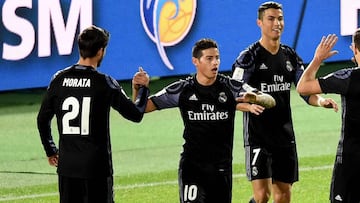 Cristiano celebra un gol con James y Morata.