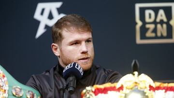 LAS VEGAS, NEVADA - SEPTEMBER 15: Undisputed super middleweight champion Canelo Alvarez responds to a question during a news conference at the KA Theatre at MGM Grand Hotel & Casino on September 15, 2022 in Las Vegas, Nevada. Alvarez will defend his titles against Gennadiy Golovkin at T-Mobile Arena in Las Vegas on Saturday, Sept. 17.   Steve Marcus/Getty Images/AFP