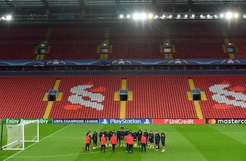 Sevilla's players attend a team trainng session at Anfield in Liverpool, north west England, on September 12, 2017, on the eve of their Champions League Group E football match against Liverpool.