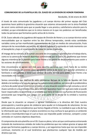 Situacin dramtica de la plantilla del Zuazo Barakaldo 