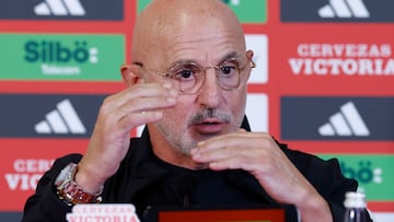 CÓRDOBA , 14/10/2024.- El seleccionador de España, Luis de la Fuente, durante la rueda de prensa ofrecida este lunes en el Estadio Municipal Nuevo El Arcángel de Córdoba, en la víspera del partido de Liga de Naciones ante Serbia. EFE/ Julio Muñoz