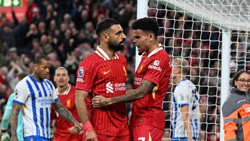 LIVERPOOL, ENGLAND - NOVEMBER 02: (THE SUN OUT, THE SUN ON SUNDAY OUT) Mohamed Salah of Liverpool celebrating after scoring the second goal during the Premier League match between Liverpool FC and Brighton & Hove Albion FC at Anfield on November 02, 2024 in Liverpool, England. (Photo by John Powell/Liverpool FC via Getty Images)