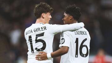 MADRID, SPAIN - JANUARY 16: Endrick Felipe Moreira of Real Madrid celebrates with Arda Guler after scoring their team's fifth goal during the Copa Del Rey match between Real Madrid and Celta de Vigo at Estadio Santiago Bernabeu on January 16, 2025 in Madrid, Spain. (Photo by Angel Martinez/Getty Images)