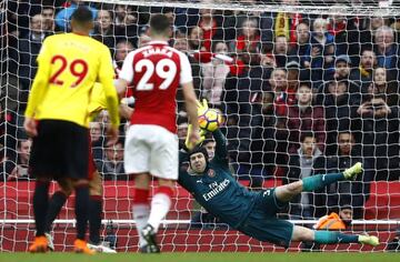 Cech saves Deeney's penalty at the Emirates Stadium.