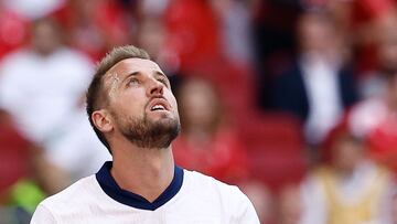 England's forward #09 Harry Kane reacts during the UEFA Euro 2024 quarter-final football match between England and Switzerland at the Duesseldorf Arena in Duesseldorf on July 6, 2024. (Photo by KENZO TRIBOUILLARD / AFP)