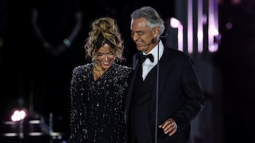 Karol G and Andrea Bocelli perform during "Grace for the World" concert, as part of the World Meeting on Human Fraternity promoting unity, at the Vatican, September 13, 2025. REUTERS/Ciro De Luca