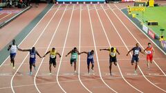 LONDON, ENGLAND - AUGUST 05:  (L-R) Reece Prescod of Great Britain, Justin Gatlin of the United States, Yohan Blake of Jamaica, Akani Simbine of South Africa, Christian Coleman of the United States, Usain Bolt of Jamaica, Jimmy Vicaut of France and Bingtian Su of China compete in the men&#039;s 100m final during day two of the 16th IAAF World Athletics Championships London 2017 at The London Stadium on August 5, 2017 in London, United Kingdom.  (Photo by Richard Heathcote/Getty Images)