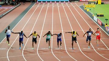 LONDON, ENGLAND - AUGUST 05: (L-R) Reece Prescod of Great Britain, Justin Gatlin of the United States, Yohan Blake of Jamaica, Akani Simbine of South Africa, Christian Coleman of the United States, Usain Bolt of Jamaica, Jimmy Vicaut of France and Bingtian Su of China compete in the men's 100m final during day two of the 16th IAAF World Athletics Championships London 2017 at The London Stadium on August 5, 2017 in London, United Kingdom. (Photo by Richard Heathcote/Getty Images)