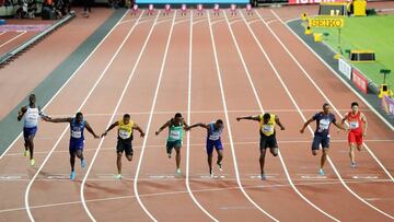 LONDON, ENGLAND - AUGUST 05:  (L-R) Reece Prescod of Great Britain, Justin Gatlin of the United States, Yohan Blake of Jamaica, Akani Simbine of South Africa, Christian Coleman of the United States, Usain Bolt of Jamaica, Jimmy Vicaut of France and Bingtian Su of China compete in the men&#039;s 100m final during day two of the 16th IAAF World Athletics Championships London 2017 at The London Stadium on August 5, 2017 in London, United Kingdom.  (Photo by Richard Heathcote/Getty Images)