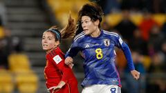 Soccer Football - FIFA Women’s World Cup Australia and New Zealand 2023 - Group C - Japan v Spain - Wellington Regional Stadium, Wellington, New Zealand - July 31, 2023 Japan's Hikaru Naomoto in action with Spain's Aitana Bonmati REUTERS/Amanda Perobelli