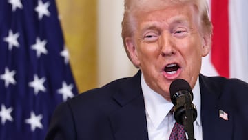 U.S. President Donald Trump attends a press conference with British Prime Minister Keir Starmer (not pictured) at the White House in Washington, D.C., U.S., February 27, 2025. REUTERS/Kevin Lamarque
