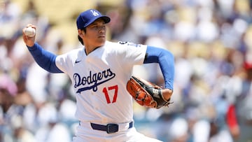 Jun 22, 2025; Los Angeles, California, USA; Los Angeles Dodgers two‑way player Shohei Ohtani (17) pitches the ball during the first inning against Washington Nationals at Dodger Stadium. Mandatory Credit: Kiyoshi Mio-Imagn Images