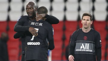 Danilo Pereira of PSG celebrates his goal with Kylian Mbappe, Lionel Messi of PSG during the French championship Ligue 1 football match between Paris Saint-Germain and Stade de Reims on January 23, 2022 at Parc des Princes stadium in Paris, France - Photo