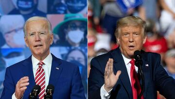 (COMBO) This combination of pictures created on October 30, 2020 shows Democratic presidential nominee and former Vice President Joe Biden delivers remarks on Covid-19 at The Queen theater on October 23, 2020 in Wilmington, Delaware and
 US President Dona