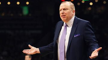 BOSTON, MASSACHUSETTS - JANUARY 02: Tom Thibodeau of the Minnesota Timberwolves complains about a call during the first quarter against the Boston Celtics at TD Garden on January 02, 2019 in Boston, Massachusetts. NOTE TO USER: User expressly acknowledges and agrees that, by downloading and or using this photograph, User is consenting to the terms and conditions of the Getty Images License Agreement.   Maddie Meyer/Getty Images/AFP
 == FOR NEWSPAPERS, INTERNET, TELCOS &amp; TELEVISION USE ONLY ==
