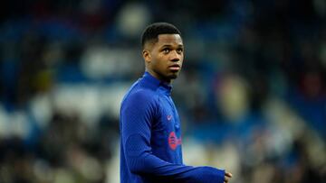 Ansu Fati left winger of Barcelona and Spain during the warm-up before the Copa del Rey semi-final first leg match between Real Madrid and FC Barcelona at Estadio Santiago Bernabeu on March 2, 2023 in Madrid, Spain. (Photo by Jose Breton/Pics Action/NurPhoto via Getty Images)