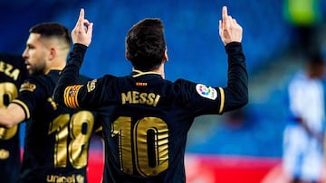 Messi celebra un gol del Bar&ccedil;a en Anoeta.
