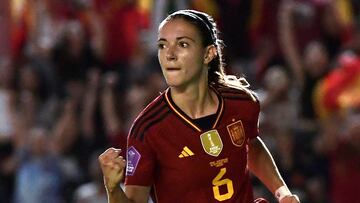 Spain's midfielder #06 Aitana Bonmati celebrates scoring her team's second goal during the UEFA Women's Nations League football match between Spain and Switzerland, at the Nuevo Arcangel stadium in Cordoba on September 26, 2023. (Photo by CRISTINA QUICLER / AFP)