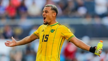 Jul 9, 2023; Cincinnati, Ohio, USA; Jamaica defender Joel Latibeaudiere (15) reacts after the victory over Guatemala at TQL Stadium. Mandatory Credit: Katie Stratman-USA TODAY Sports