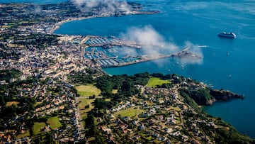Aerial view of St Peter Port, capital of Guernsey, Channel Islands, Cruise ship at anchor