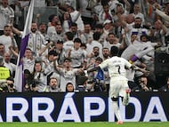 Real Madrid's Brazilian forward #07 Vinicius Junior celebrates scoring his team's third goal during the Spanish league football match between Real Madrid CF and Club Atletico de Madrid at Santiago Bernabeu Stadium in Madrid on March 22, 2026. (Photo by Javier SORIANO / AFP)