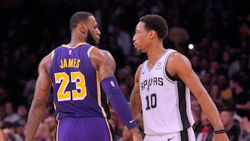 LeBron James y DeMar DeRozan, las dos figuras de Lakers y Spurs en la noche. Los dos anotaron, combinados, 79 puntos.